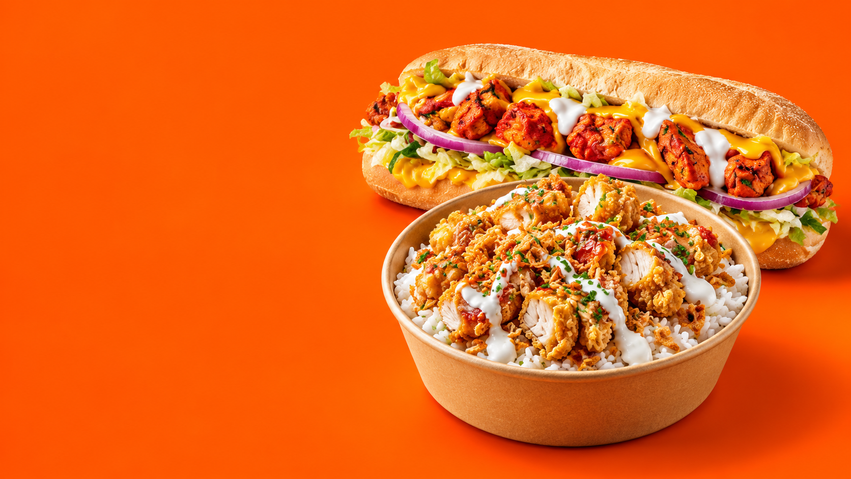 Chicken Rouge et Crousty Chicken sur fond orange